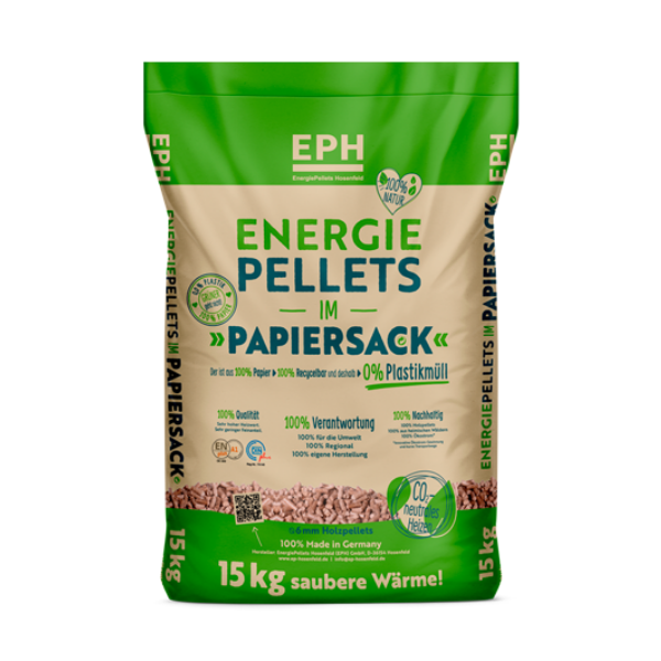 EPH Premium Holzpellets ENplus A1 – 975 kg Palette (65 x 15 kg Papiersäcke) für Pelletheizung